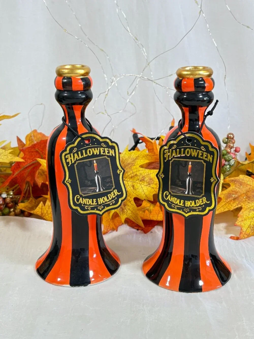 Black Orange Stripe Ceramic Mackenzie Style Halloween Candle Holders Pair Set 2